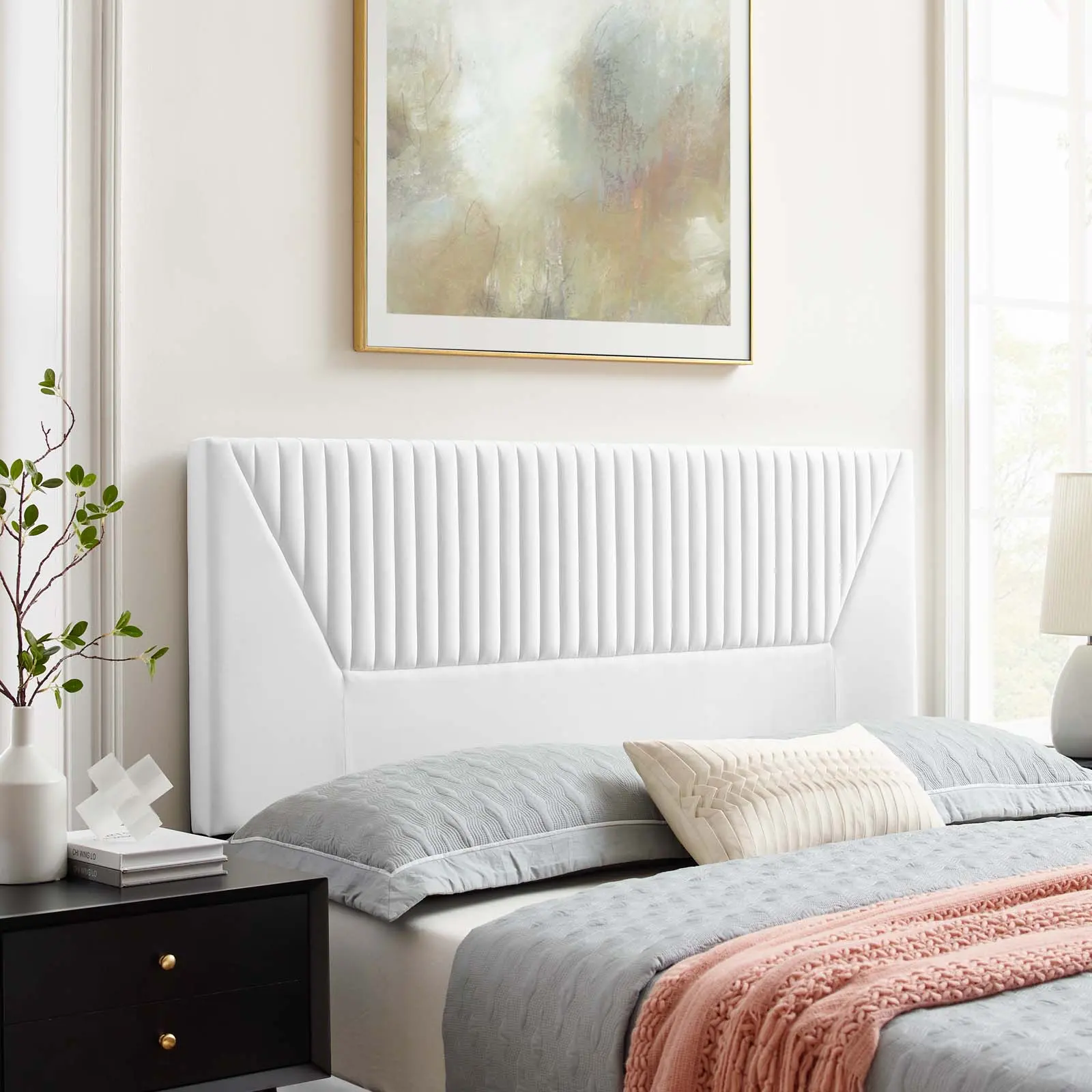 Modway Patience Upholstered Fabric Headboard - Channel Tufted, Performance Velvet, White, Eclectic Contemporary Headboard for Full/Queen Upholstered Bed Frame