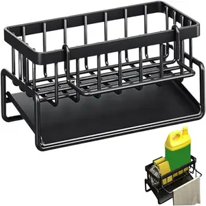 Kitchen Sink Storage Rack Carbon Steel Sink Storage Rack Detachable Cloth Rack+45 ° Tilted Drain Pan Large Capacity Neat Storage Living Room Kitchen Bathroom Accessories Black