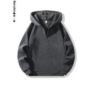 Autumn Winter Men's Houndstooth Texture Fleece-Lined Warmth Hooded Half-Zipper Fashion Solid Color Sweatshirt Beige Black Casual Plain Long Sleeve Pullover Streetwear Breezy Bowl Outfits Quarter Zip Men breezy bowl outfits