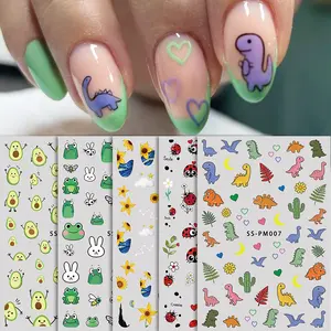 5pcs Cartoon Nail Art Stickers, Nail Art Design, Summer Colorful Dinosaur Pattern Nail Decalcs, Avocado Sunflower Back Adhesive, DIY Manicure Decorations