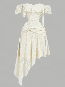 Elegant Lace One Shoulder Asymmetrical Hem Women Dress, Romantic Off-Shoulder Ruffled Design, Fashionable Chic Formal Art Exhibition Wear, Slim
