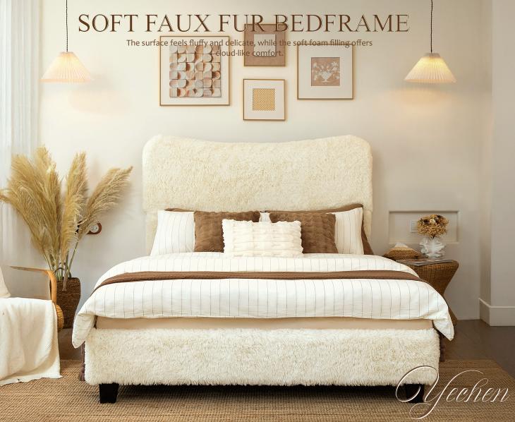 Yechen Bed Frame with Tall Headboard, Round Deluxe Soft Faux Fur Bedframe, Boho Boucle Cloud Upholstered Plush Bed with Metal Frame and Wood Slats, No Box Spring Required, Easy Assembly, (Beige, Grey) (Twin, Full, Queen)