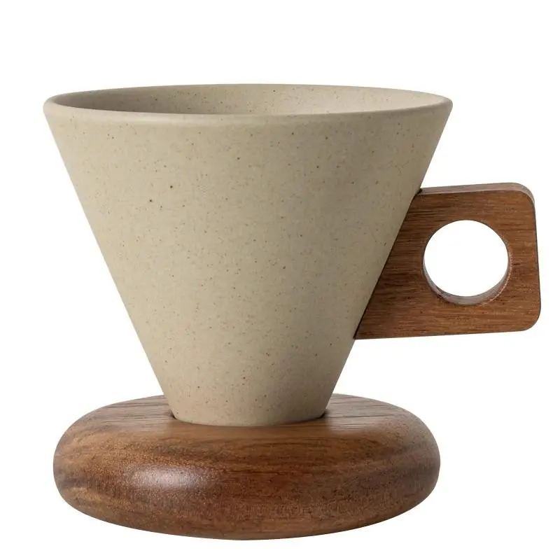 Vintage Ceramic Coffee Mug - 250ml Ceramic Body with Solid Wood Handle and Wooden Base, Conical Shape Cozy Look Drinkware for Home Café (Home Supplies)