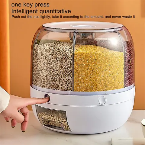 1 Pack Rotating Grain Dispenser Jar Containers - 360-Degree Rotation, 6 Compartments, Large Capacity, 1-Key Press Access, for Rice & Mung Beans, Kitchen Organization Utensil