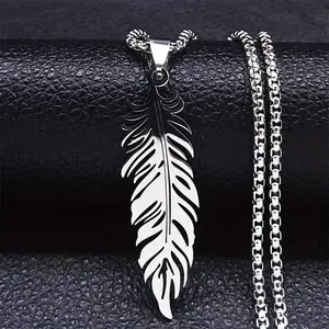 Silver Bohemian Feathered Necklace Stainless Steel Leaf Pedant