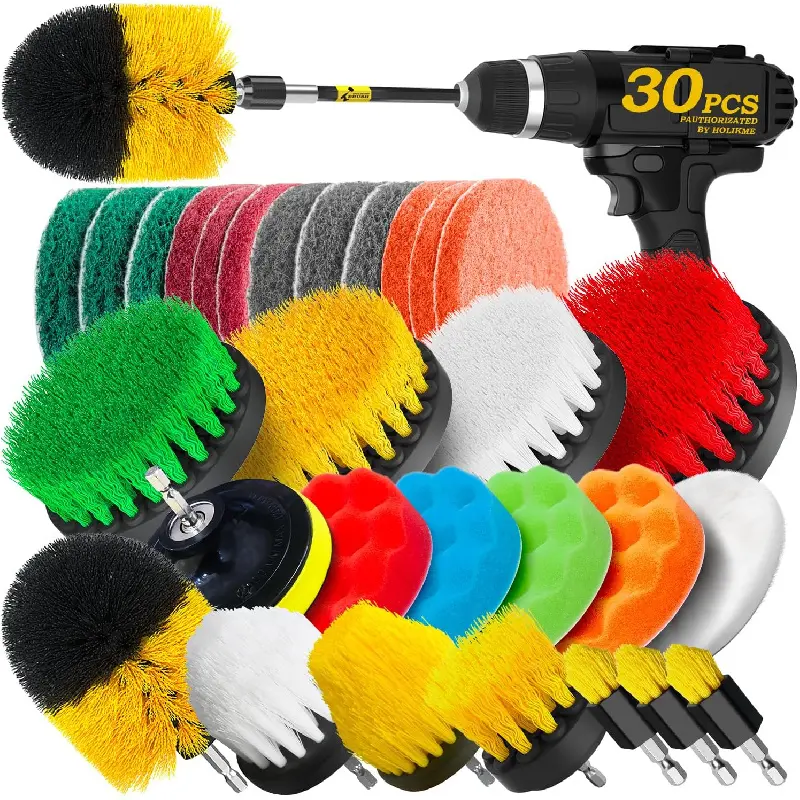 30Pack Drill Brush Attachments Set,Scrub Pads & Sponge, Power Scrubber Brush with Extend Long Attachment All Purpose Clean for Grout, Tiles, Sinks, Car Polishing Pads,Bristle Discs