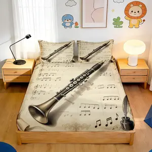 3pcs Fitted Sheet Vintage Music Theme Bedding, Coffee Brown, Clarinet & Musical Notes Print, for Bedroom Decor(1 Fitted sheet+2 pillowcases, Without Core)