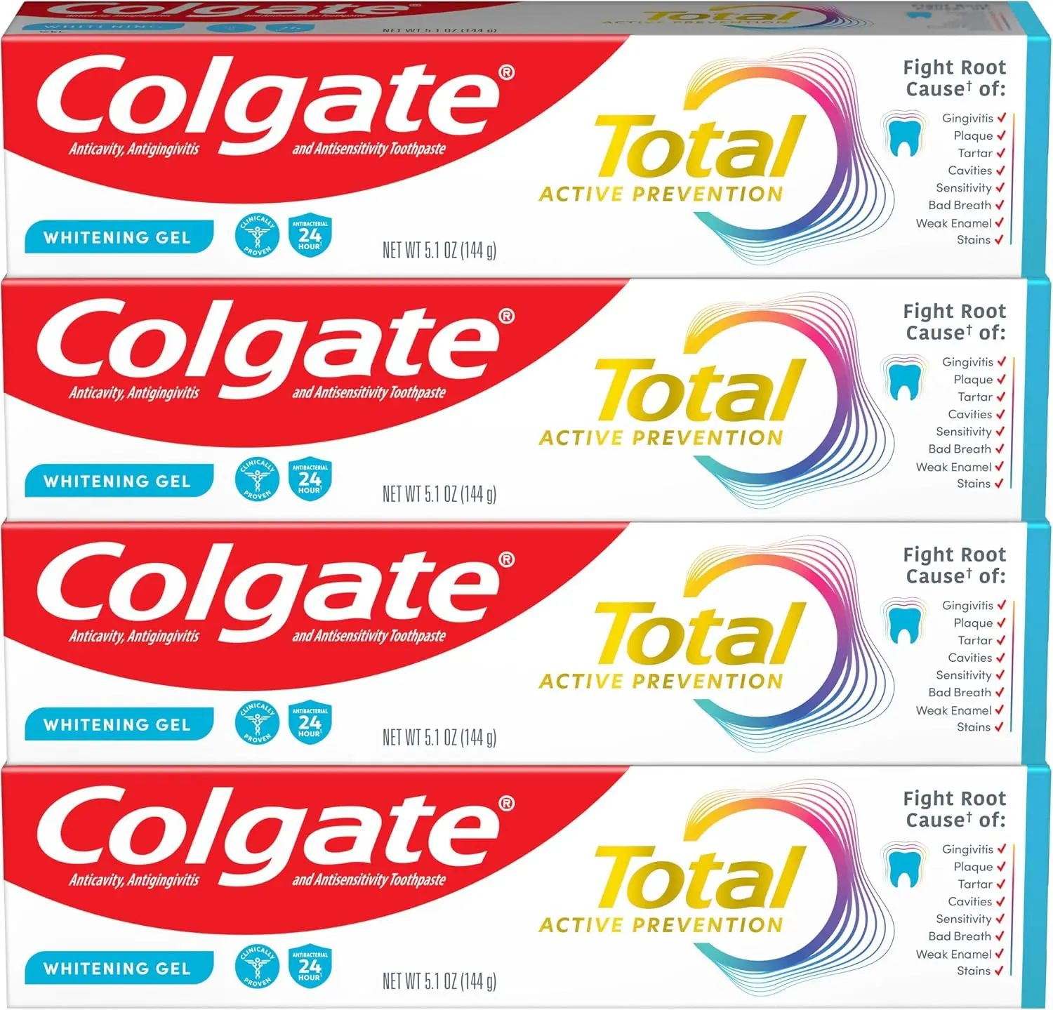 Colgate Total Whitening Toothpaste Gel with Fluoride, Bulk 4 Pack, 5.1 oz