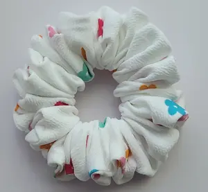 Handmade Floral Scrunchie: White or Multicolored Flowers, Soft Hair Tie