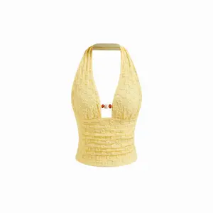 Cider Lace Halter Neckline Floral Beaded Ruched Backless Top
