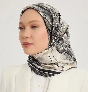 Serica Patterned Silk Square Crescent City Hijab - Black
