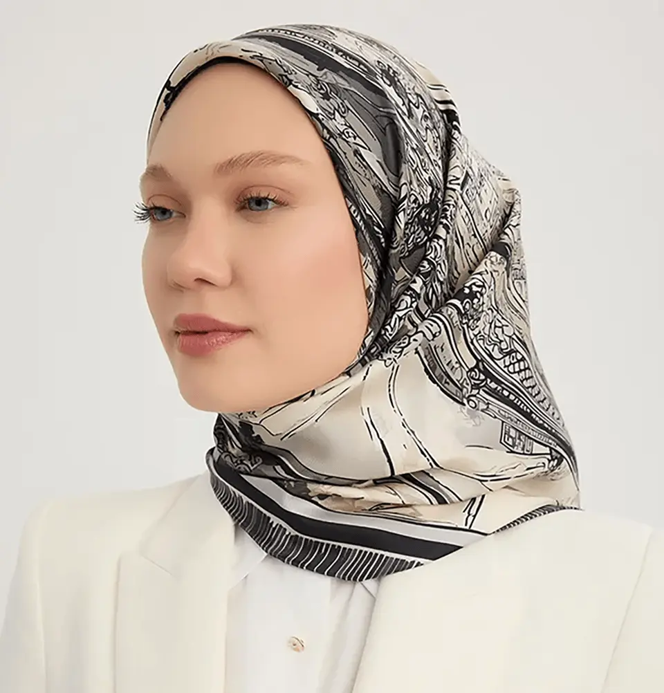 Serica Patterned Silk Square Crescent City Hijab - Black
