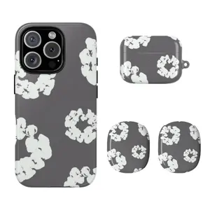 Monochrome Floral Pods Phone Case & AirPods Case,AirPods Max Compatible with iPhone & AirPods | Black White Denim Floral