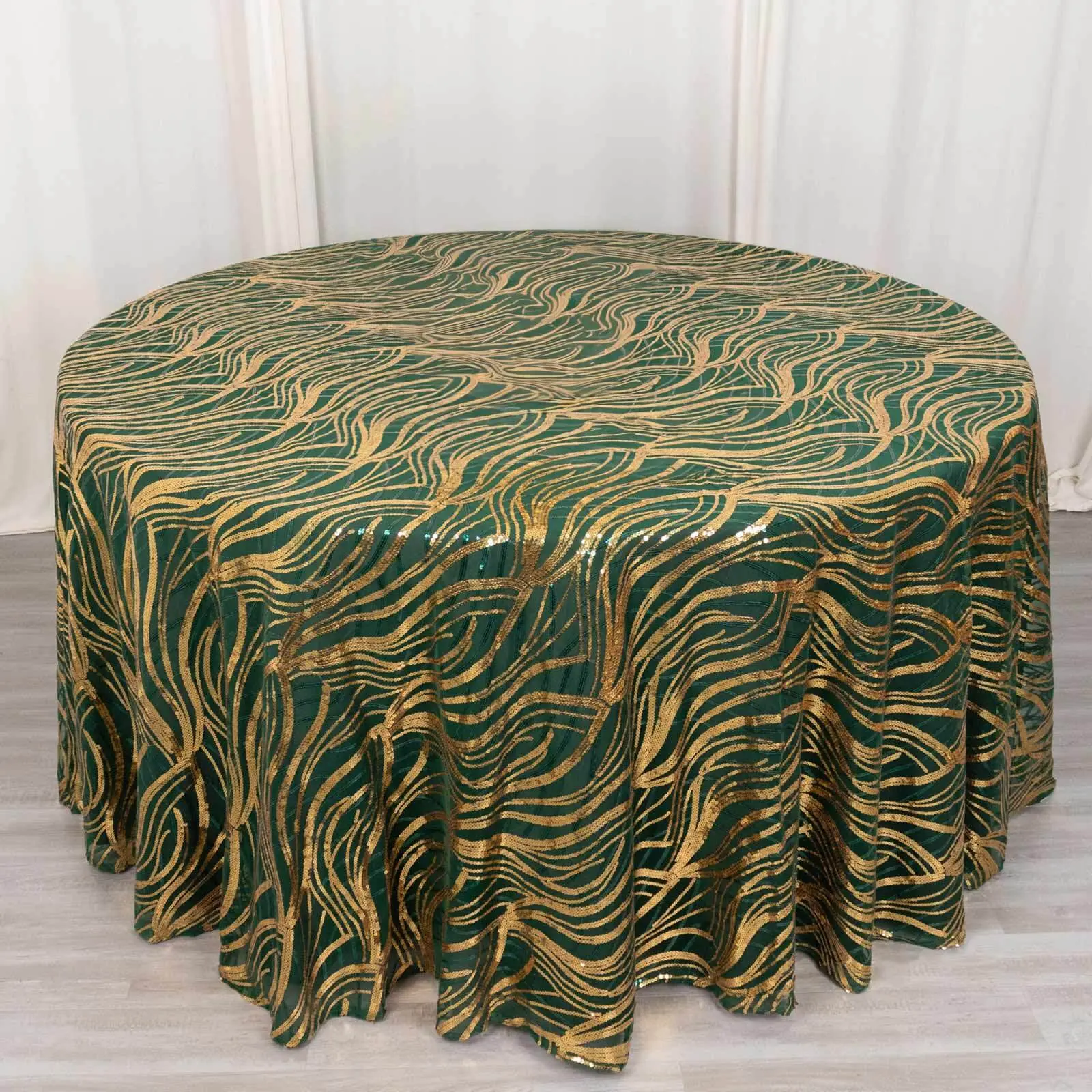 Mesh Round Tablecloth 120" Hunter Emerald Green Gold - Wave Embroidered Sequin Table Cover