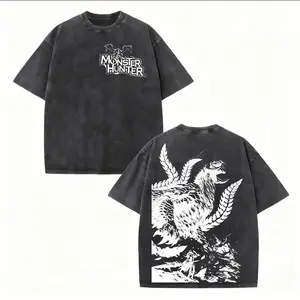 Monster Hunter Vintage Graphic Oversized Washed T-Shirt, Heavyweight Cotton Fantasy Video Game Merch, Retro Y2K Gothic Streetwear Hip Hop Casual Daily Wear Premium Short Sleeve Top For Unisex Men
