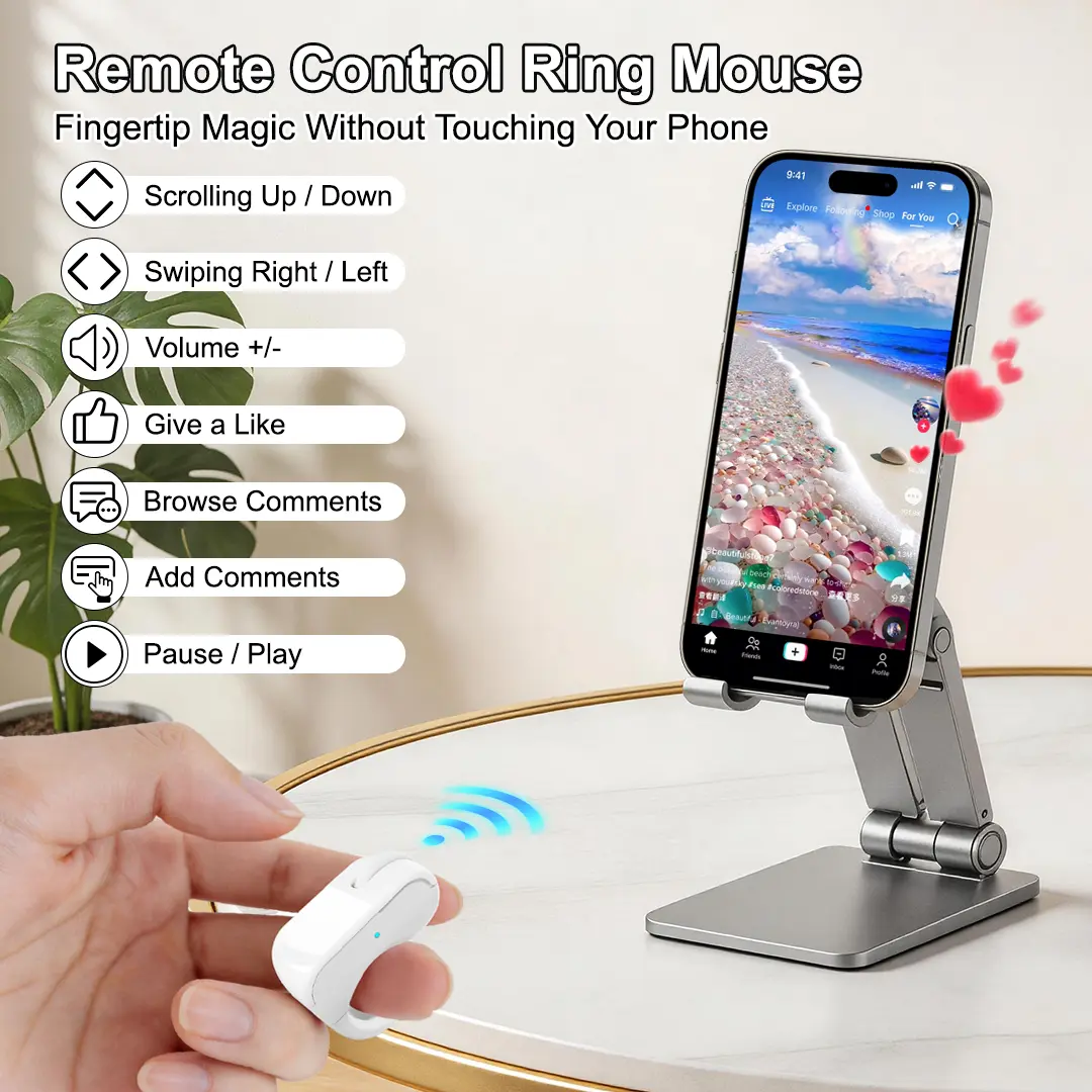 Bluetooth+2.4G Dual-Mode Air Finger Ring Mouse;Turn pages in PowerPoint;Browse the web;Short video TikTok Remote Control Scrolling; Compatible systems: iOS, MacOS, Android, Windows