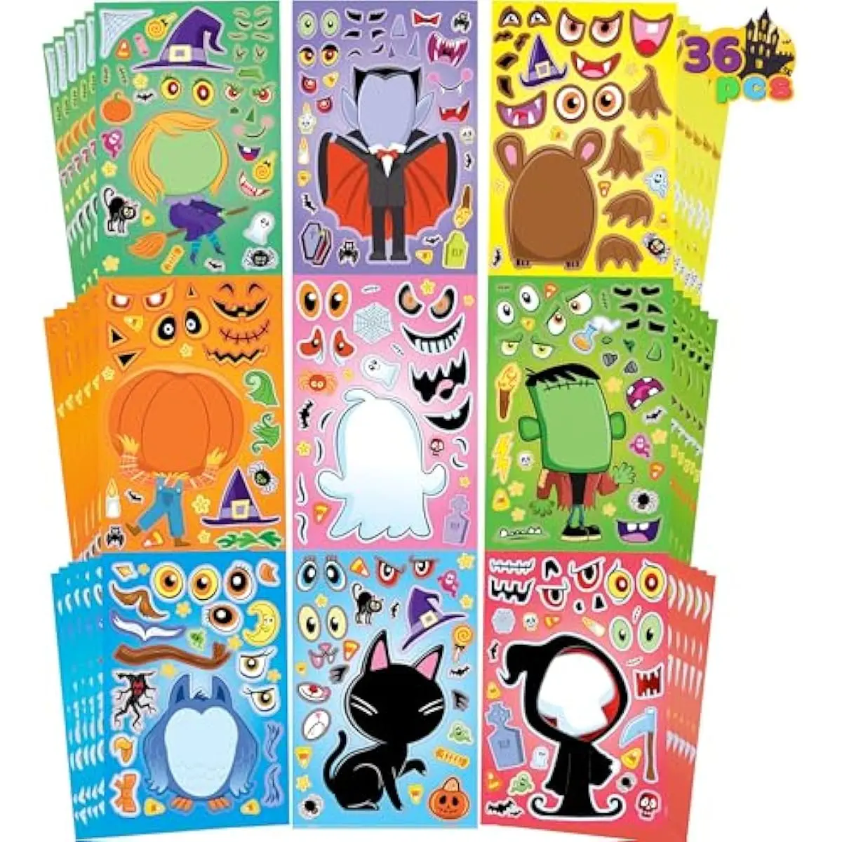 36 Pcs Halloween Make a Face Stickers for Kids, Crafts Party Supplies, Halloween Party Favor, Funny Stickers with 9 Designs, Classroom Art Activities Games Goodies Treats
