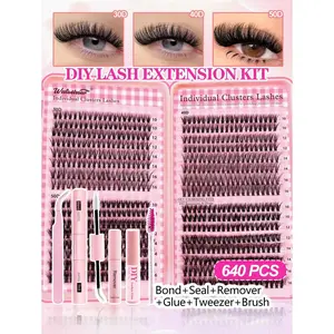 Waloshow 640pcs 6 Value Packs D Curl Lash Cluster Eyelash Kit ,Cluster Lashes With White Glue, Natural Fake Eyelashes Glue Remover And Individual Tweezers , Colored False Lashes In 4 Styles (Colored /20D/30D/50D) For Beginners,Makeup Tools Back To School