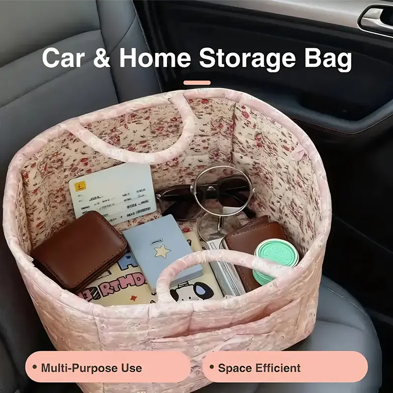 Large Capacity Quilted Floral Fabric Car Storage Basket,Multi-Purpose Backseat & Trunk Organizer for Clothes,Blankets,Toys & Groceries,Machine Washable Woven Storage Basket for Home & Car Organization,Vacuum Packed for Compact Shipping