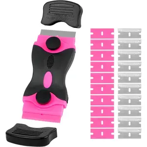 Pink Razor Blade Scraper Tool, 2-in-1 Cleaning Scraper Set with 20Pcs Replacement Blades, Glass Top Stove & Oven Scraper for Stickers, Labels, Adhesive Removal, Multi-functional Household Cleaning Kit
