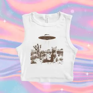 Vintage UFO Cowboy Cat Micro Ribbed Tank, Retro T-Shirt, Retro 90s Western Crop Tank, Rodeo Tank Top, Wild West Kitten Tank, Funny Gag Gift Tee, Meme Y2k Crop Tank Top