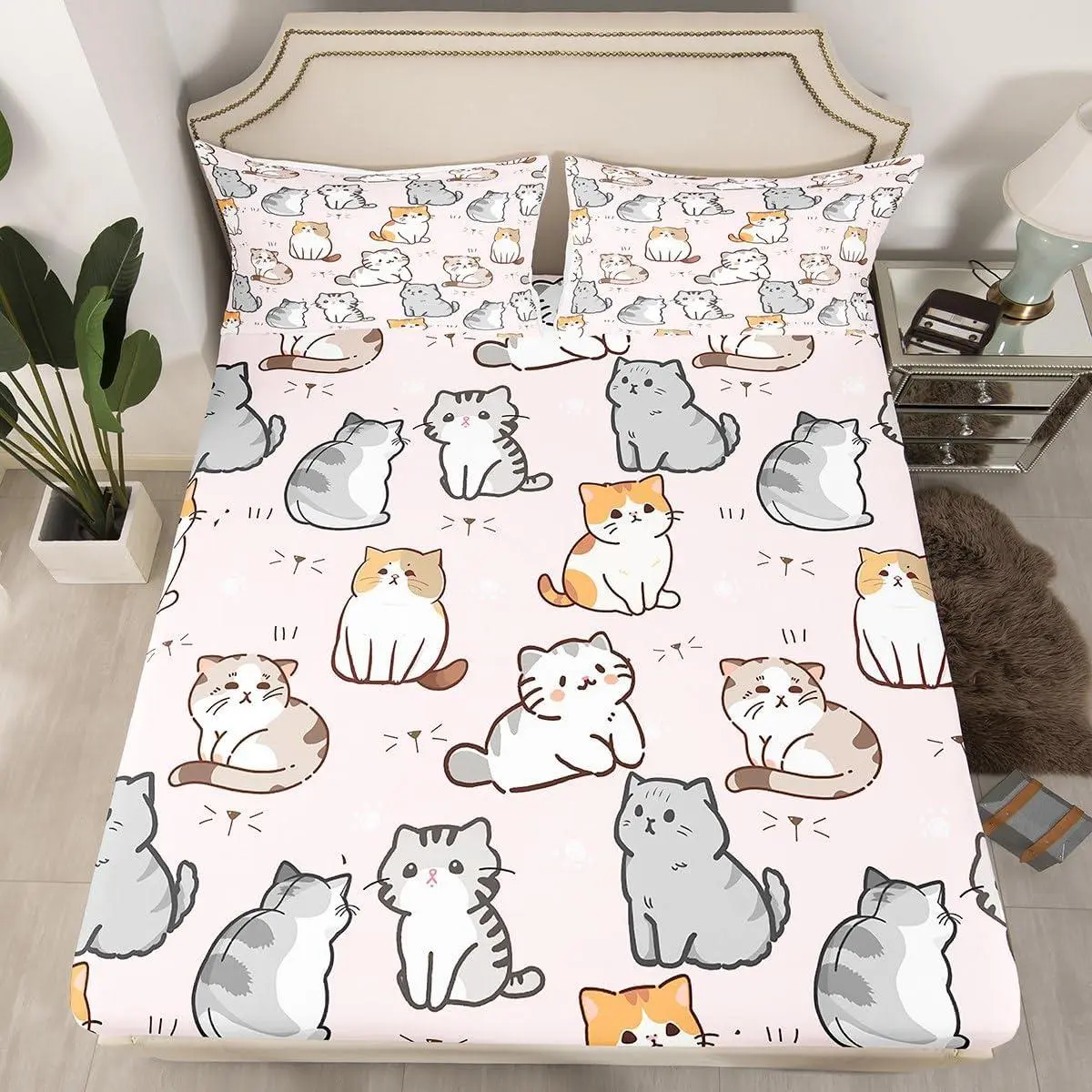 Cute Cat Bed Sheet Set,Bedding Set with 1 Fitted Sheet &,Pink Animal Print,Modern Style