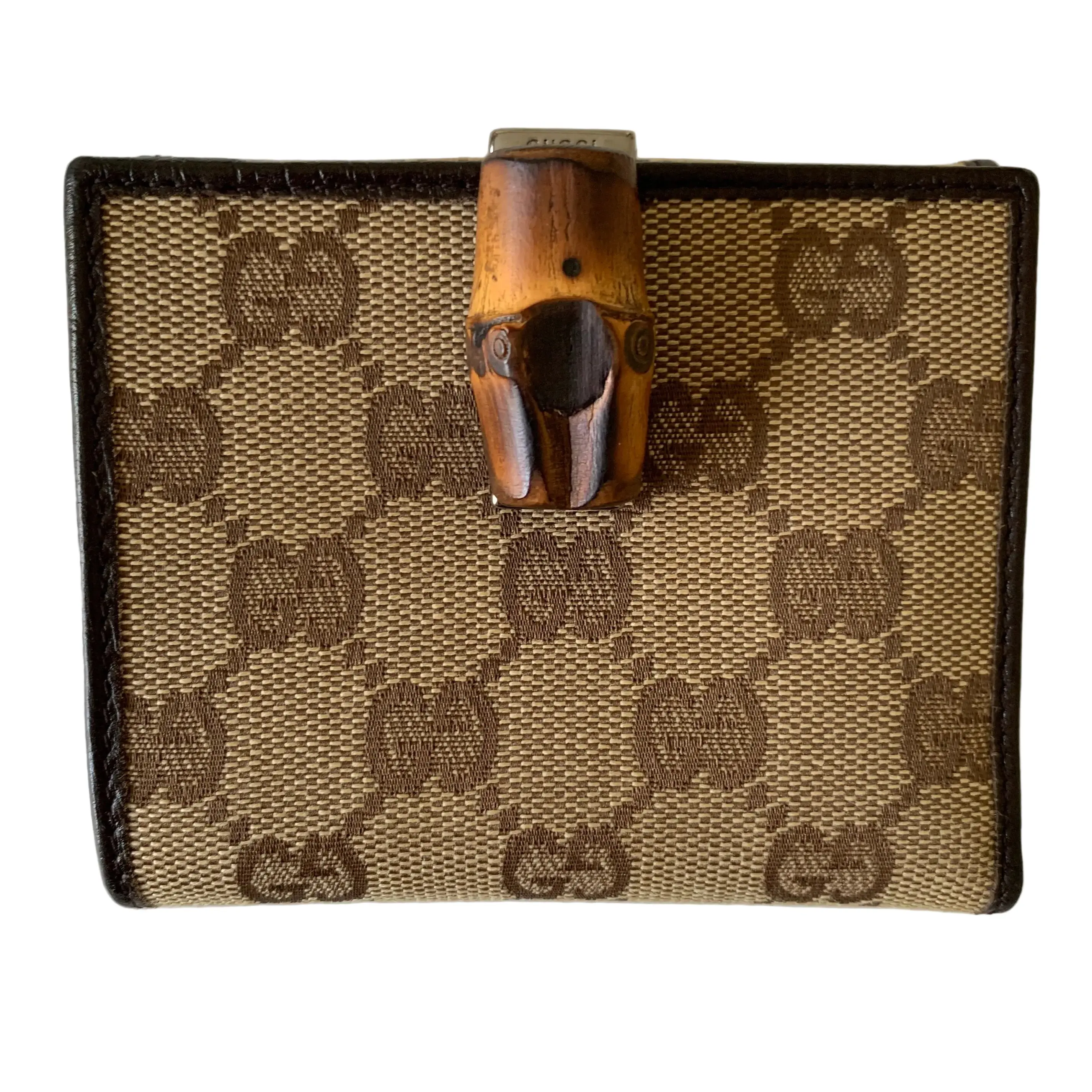 Pre-owned GUCCI Wallet Small Leather Goods bamboo monogram compact Authentic with COA and box