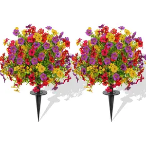2 Pack 23.6" Artificial Boxwood Topiary Trees with Violet Flowers & Heavy-Duty Ground Spikes – UV Resistant Outdoor Faux Shrubs for Porch, Garden, Balcony, and Walkway
