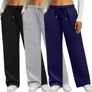3-Pack Women’s Sweatpants with Pockets, High-Waisted Casual Yoga Pants, Cozy Lounge Drawstring Loose Wide-Leg Joggers