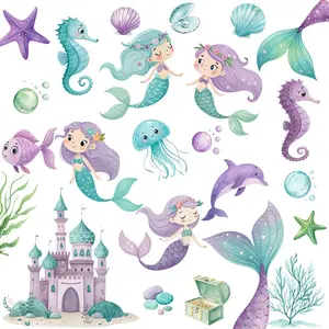 3 Cute Mermaid Under The Sea Animals DIY UV DTF Rub On Transfer Stickers Crafts for Mugs Cup Wraps, Tumbler Glass Jars, Laptops, Phone Cases, Cards, Scrapbooking, Decor, Holiday Gifts, Cellphone, Casing
