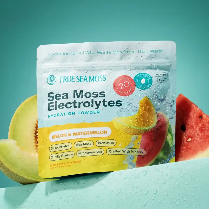 True Sea Moss Electrolytes – Melon & Watermelon – Natural from Wild Sea Moss with Himalayan Salt & Vitamins – Supports Energy, Focus, Skin, Digestion & Mood  powder packets no sugar salt electrolytes powder packets