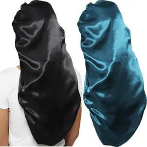 2 Pcs Hair Bonnets for Women Satin Soft Elastic Band Silky Sleeping Cap Big Bonnets for Women Bonnet for Braids Black Green