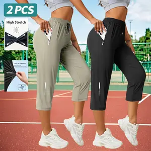 3-pack women’s capris — loose fit, summer drawstring waist, zippered pockets, breathable ice fiber fabric with high stretch, suitable for everyday wear