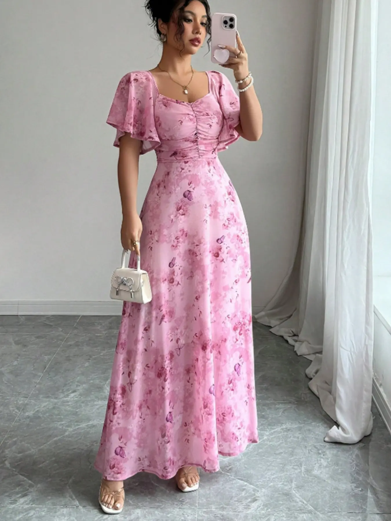 Women's Sweet Ruffle Chiffon Dress with Butterfly & Floral Print, Boho Flowy  Chic Summer Attire for Wedding Guests - TikTok Shop