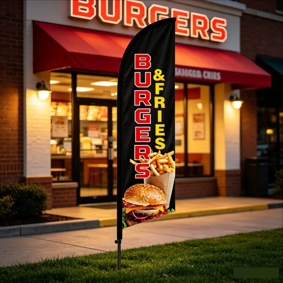6.5 Ft Feather Flag for Fast Food Stores, Waterproof Durable Polyester, Wind-Resistant Outdoor Banner, Easy Setup for Promotions
