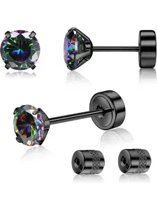 G23 Titanium Threadless Flat Back Earrings-Hypoallergenic 6A Cubic Zirconia Earrings Studs for Men-Trendy 20G Flatback Push Pin Cartilage Earring for Helix Tragus Piercing