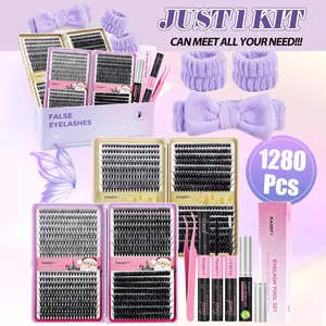 MAGEFY 1280 Cluster Individual Eyelashes of C Curl 8-16mm Mixed（20D+30D+40D+50D+60D+80D) with Wrist Wash bands*2+Bow knot Hair Bands*1+Lash Remover*1+Eyelash Glue & Remover*1+Tweezer*1, Lash Extension Set to Enlarge Eyes, False Eyelash Gift Box