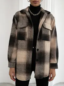 A earth-toned plaid herringbone textured shirt-style jacket, mid-length with a loose fit, featuring a collar, single-breasted buttons, and patch pockets. It has a vintage casual style, suitable for everyday outings in autumn and winter, as well as light c
