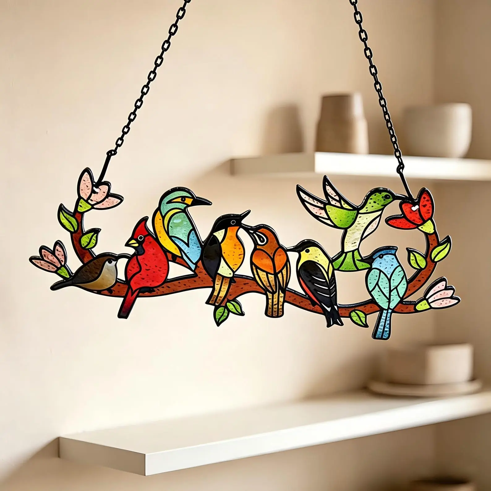 8 Birds Stained Glass Suncatcher, Colorful Branch Window Hanging, Boho Decor
