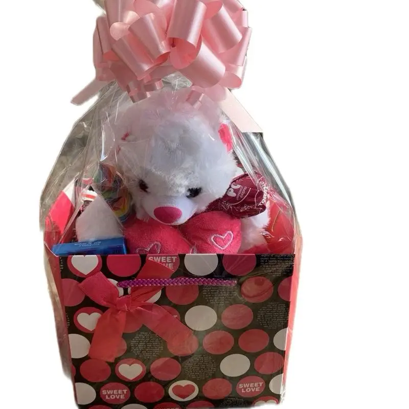 Sweetie Basket with 6" Plush Bear & Assorted Candy in Pink Polka Dot Box 6x6x4 Clear Plastic Wrap Colored Bows for Valentine's Day Birthdays & Easter Gift