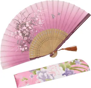 "Grassflowers 8.27"(21cm) Hand Held Folding Fans - With a Fabric Sleeve for Protection for Gifts - Chinese/  Retro Style (Red)