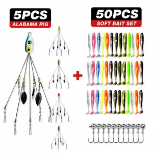 5 Arms Alabama Rigs for Bass Fishing, Swimbait Lure Kit Umbrella Rigs with 4 Willow Leaf Blades for Trout Salmon Freshwater Saltwater