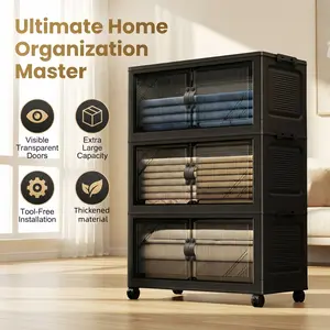 Foldable Stackable Storage Cabinet with Translucent Fluted Doors & 360° Lockable Wheels – Collapsible Plastic Organizer with Magnetic Closure, Tool-Free Assembly Rolling Storage Unit for Bedroom, Closet & Home Organization, Space-Saving Modular Desig
