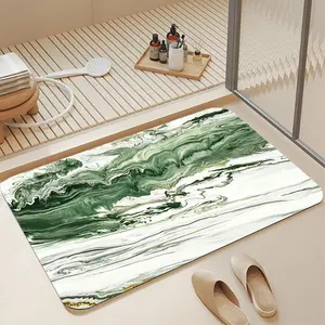 Luxury Green, White & Gold Marble Swirl Fluid Art Print Diatomaceous Earth Bath Mat, 16*24 Inch |   Ultra Fast Absorbent Quick Dry Non Slip Anti-Mold Soft Diatomite Shower Floor Mat Easy Clean Stylish Elegant Marble Bathroom Decor for Home & Apartment