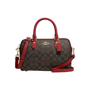 Coach Rowan 25 Classic Monogram Zip Top Handle Crossbody Bag for Women, Medium, Brown and Red