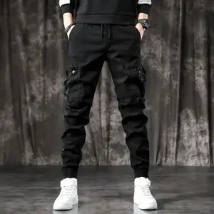 Trendy Men's Spring Autumn Cargo Pants Slim Fit Casual Style Loose Fit American Style Multiple Pocket Small Foot Pants Black