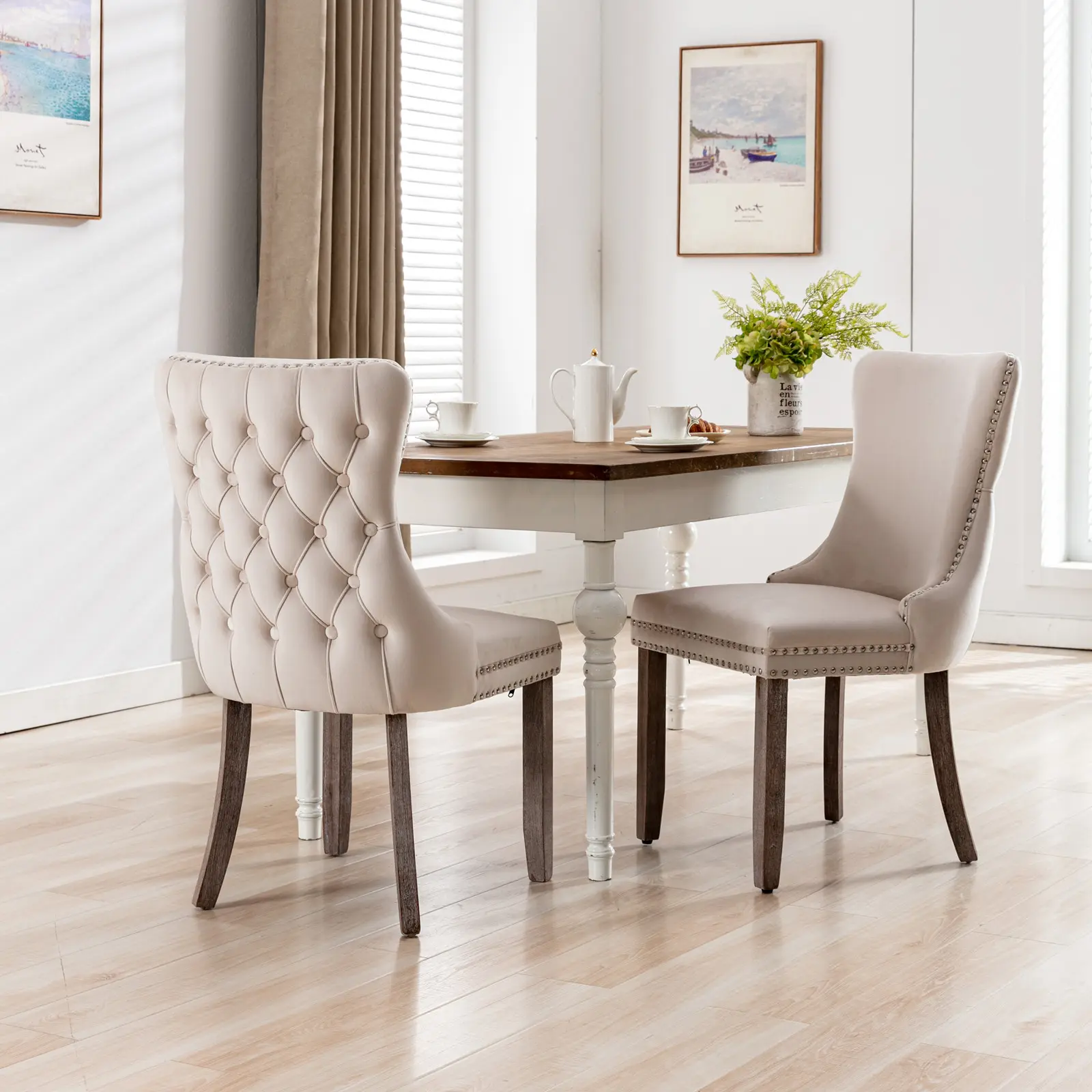 Set of 2 Upholstered Wing-Back Dining Chairs - Upholstered Chairs with Backstitching, Nailhead Trim, Velvet & Wood Material, Solid Wood Legs, Pre-Assembled, 2 Seats