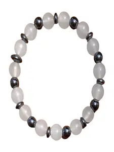 8mm White Jade Hematite Crystal Beaded Bracelet, Adjustable Elastic Bangle for Women Men, Dainty Fashion Jewelry Gift