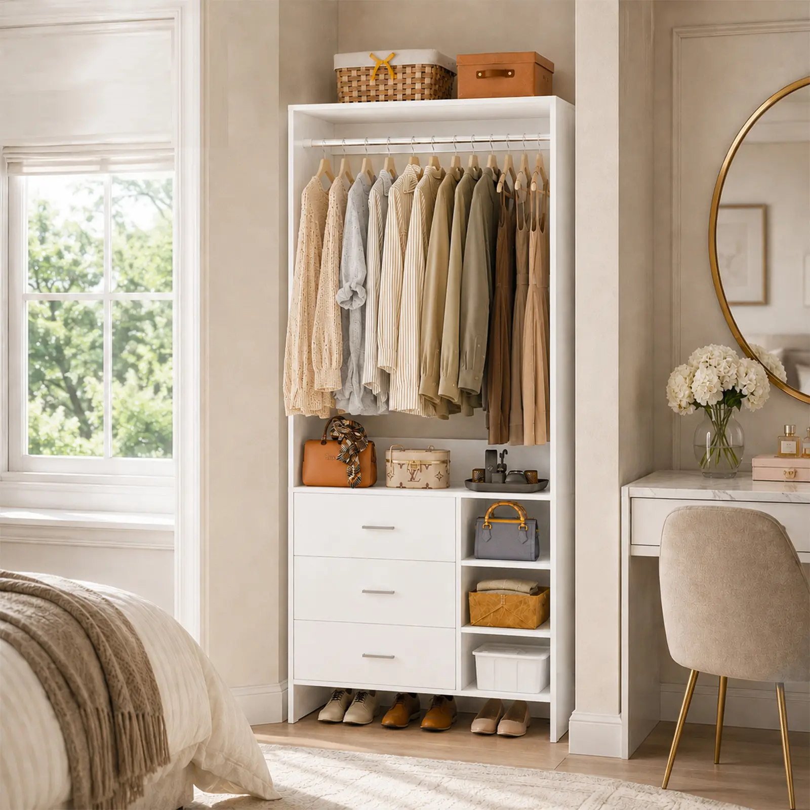 30''W Closet System with 3 Wooden Drawers and Hanging Rod, Freestanding 2.5FT Walk-in Closet Organizer Bedroom Armoire Wardrobe with Storage Shelves