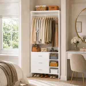 30''W Closet System with 3 Wooden Drawers and Hanging Rod, Freestanding 2.5FT Walk-in Closet Organizer Bedroom Armoire Wardrobe with Storage Shelves